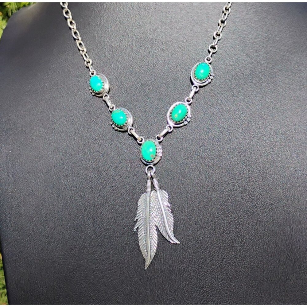 Southwest Native Style Turquoise Sterling Silver Feather Dangle Lariat Necklace